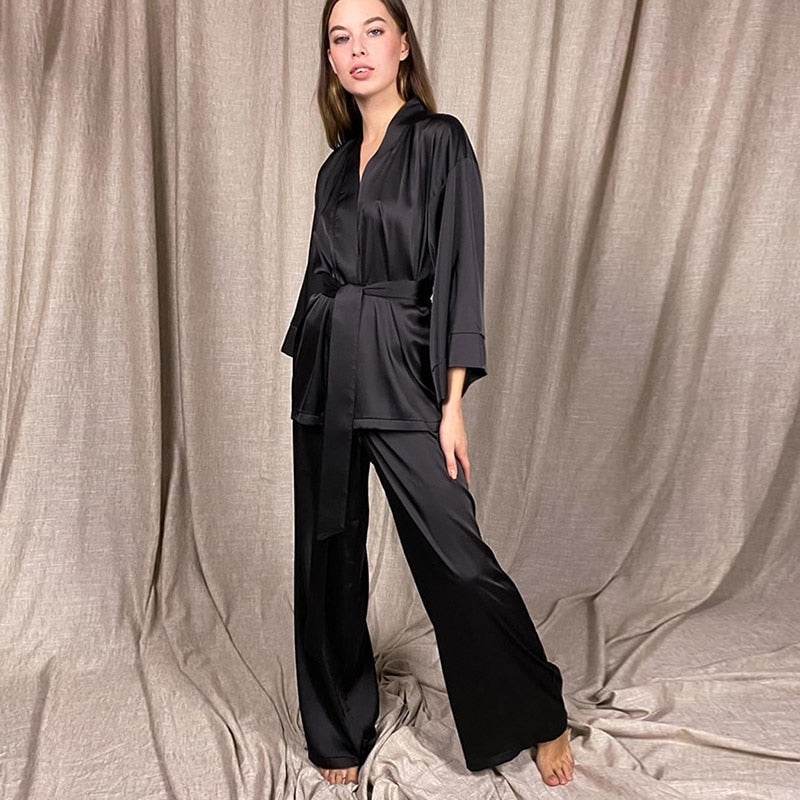 Solid Color Sleepwear Loose Flare Home Pants Three Quarter Sleeve Satin Robe Sets Bathrobe For Women Pajama Fashion Spring