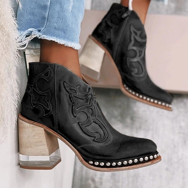 Amozae   Leather Women Ankle Boots Women's Shoes Low Heel Cool British Embroidered Design Soft Short Boots Party Women Footwear