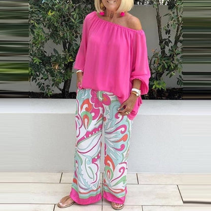 flowersverse Summer Women Casual Printed Slash Neck Long Sleeves Two-piece Suit Loose T-shirt Wide Leg Pants Suit Elegant Slim Home Party Set