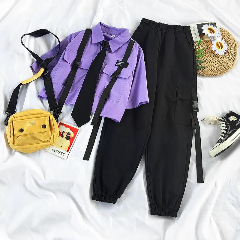 flowersverse  Spring Streetwear Pants High-Waist Straight Ribbon Cargo Pants Student Loose Short-Sleeved Shirt with Tie two-piece Set
