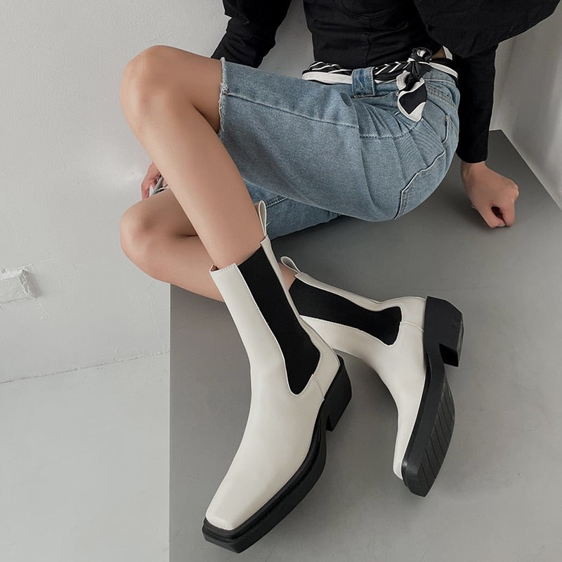 flowersverse Hot Women Boots Fashion Split Leather Slip-On Chelsea Boots Square Toe Thick Heel Female Platform Boots Handmade Women Shoes