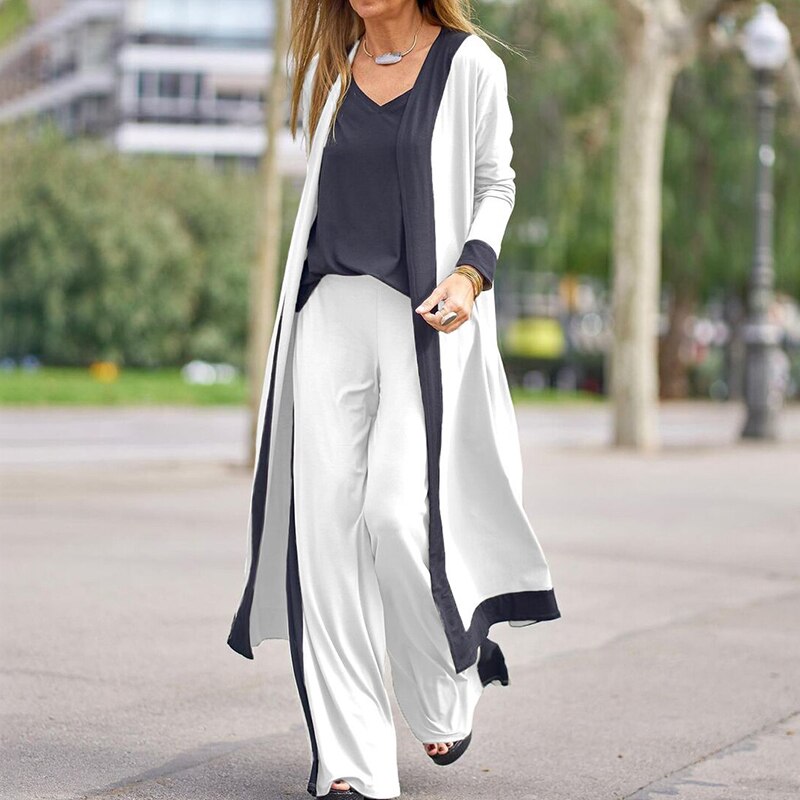 Solid Loose Spring Autumn Casual Three Piece Set Women's Office V-Neck Matching Suit Female Straight Pants Streetwear 3Pc Suit