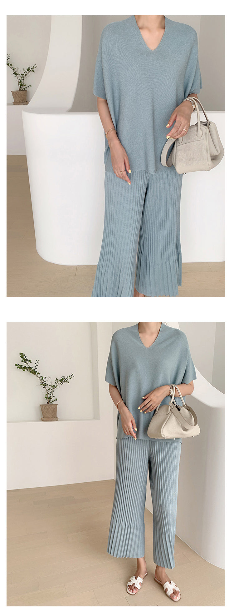 Summer Korean Fashion Casual Knitted Two Piece Set Women Loose Pullover Sweater Tops + Wide Leg Pants Suits Knitwear 2 Piece Set