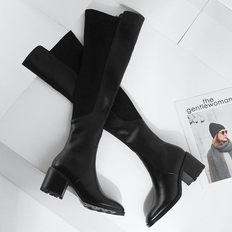 Amozae Genuine Leather Women's High Boots Fashion Slip-On Over-The-Knee Women Boots 2023 Autumn Winter Flock Round Toe Stretch Boots