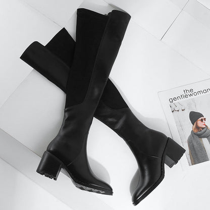 Amozae Genuine Leather Women's High Boots Fashion Slip-On Over-The-Knee Women Boots 2023 Autumn Winter Flock Round Toe Stretch Boots