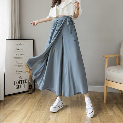 Spring Summer New Style Korean Women Pleated Chiffon Trousers High Waist Pants Hakama Casual Wide Leg Pantalones