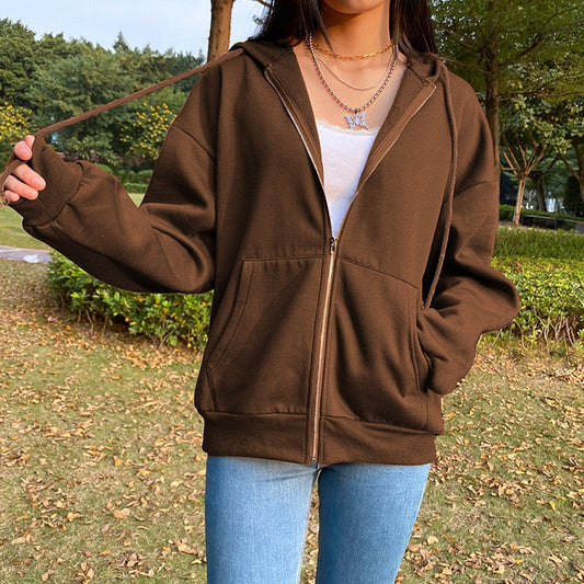 flowersverse BiggOrange Brown Zip Hooded Sweatshirt Winter Jacket Top Oversized Hoodie Retro Pocket Woman Clothes Long Sleeve Pullover
