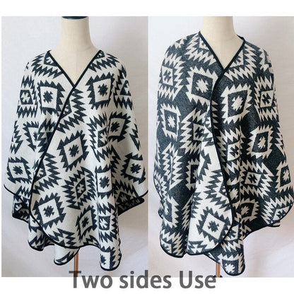 flowersverse Outdoor Boho Poncho Winter Autumn Women's Shawl Warm Wraps Camping Coats Road Trip Peru Cape Geometric Pattern Reversible Cloak
