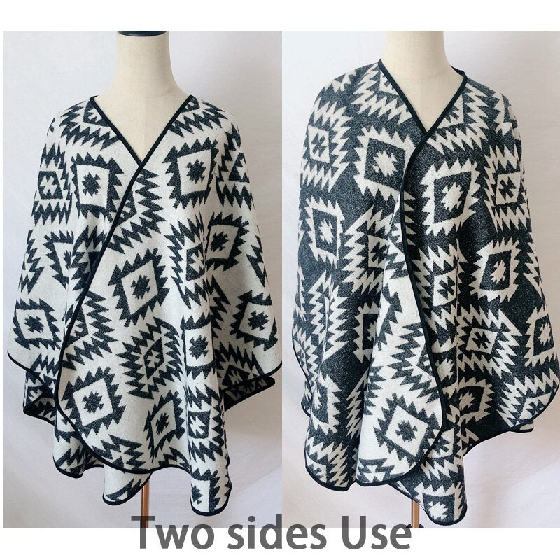flowersverse Outdoor Boho Poncho Winter Autumn Women's Shawl Warm Wraps Camping Coats Road Trip Peru Cape Geometric Pattern Reversible Cloak