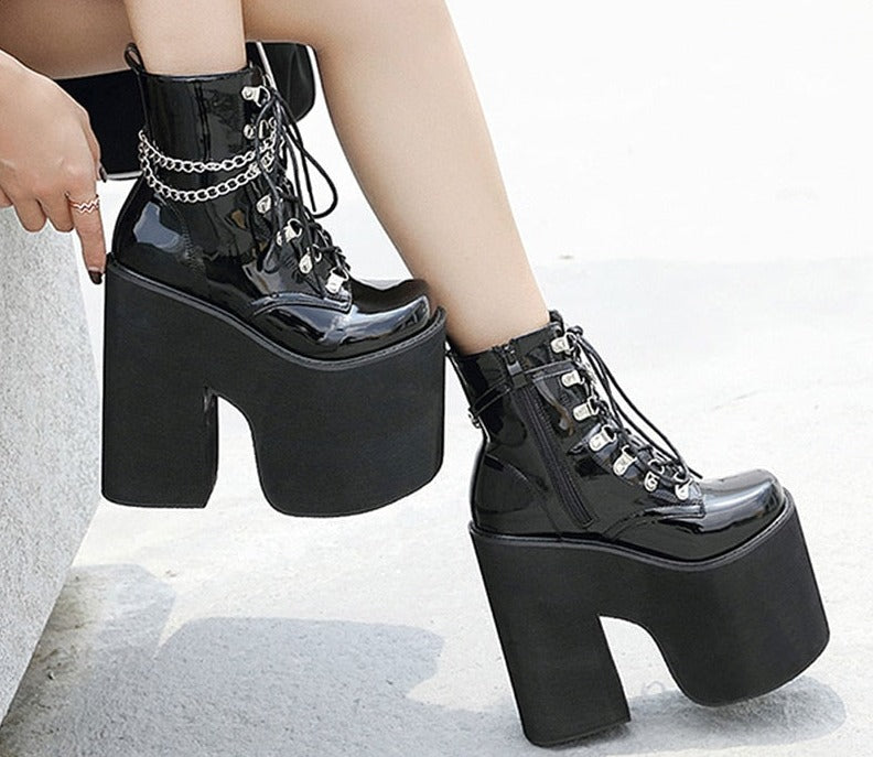 flowersverse  Height 17Cm Nightclub Stage Ankle Booties Women Extreme Thick Platform Heel Gothic Punk Shoes Girls   Chain Party Boot