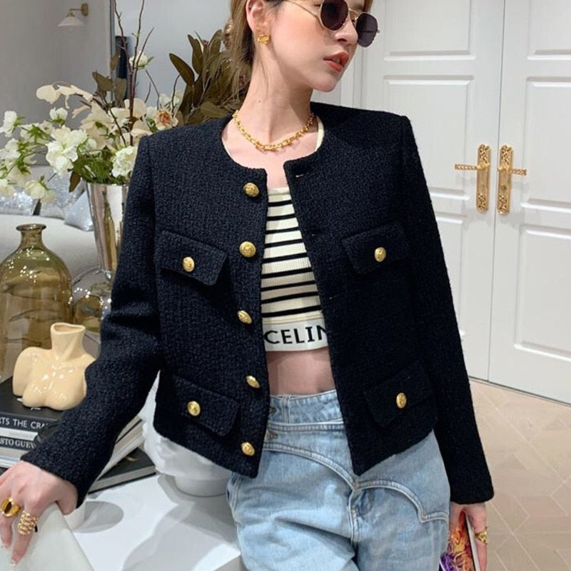 flowersverse Autumn Winter Small Fragrant Tweed Jacket Coat Women Vintage Woolen Short Coats Streetwear Elegant Casual Slim Outwear Crop Top