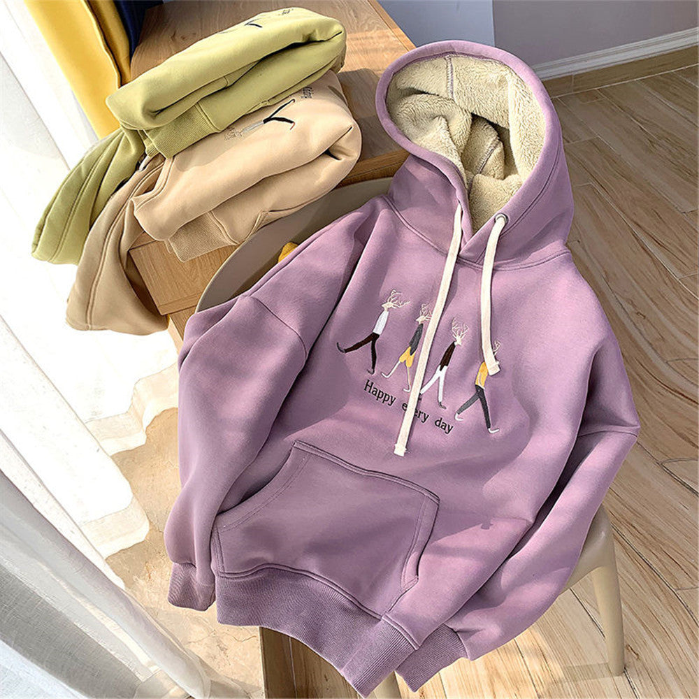 flowersverse flowersverse Jacket women solid color hoodies autumn winter imitation lamb wool korean loose plus velvet thick zipper sweatshirt tops