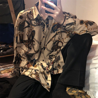 flowersverse New Beach Hawaiian Shirt for Men Long Sleeve Casual Loose Harajuku Floral Print Blouse Button Up Mens Shirts Streetwear