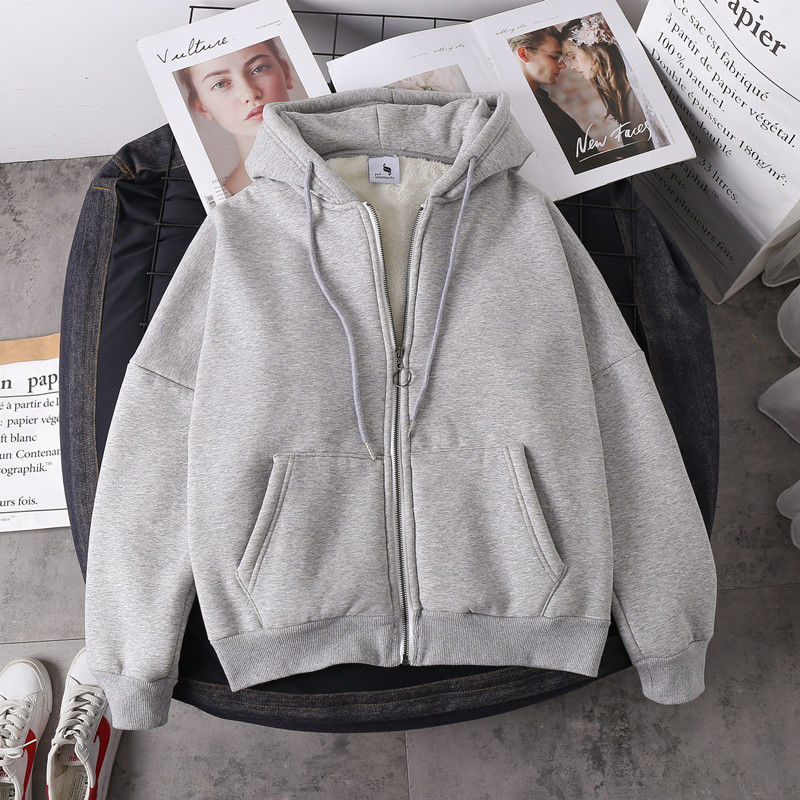 flowersverse flowersverse Jacket women solid color hoodies autumn winter imitation lamb wool korean loose plus velvet thick zipper sweatshirt tops
