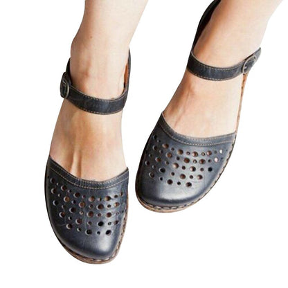 flowersverse  New Women Round Toe Hollow-out Sandals Comfortable Soft Hook Loop Mary Jane Flat Sandal Breathable Non-slip For Summer