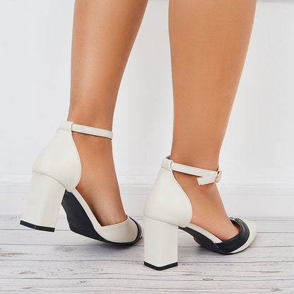 flowersverse - Women Mary Jane Pumps Pointed Toe Ankle Strap Buckle Chunky Block Heels