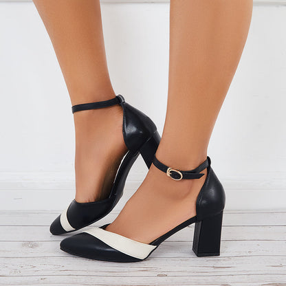 flowersverse - Women Mary Jane Pumps Pointed Toe Ankle Strap Buckle Chunky Block Heels