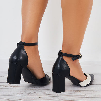 flowersverse - Women Mary Jane Pumps Pointed Toe Ankle Strap Buckle Chunky Block Heels