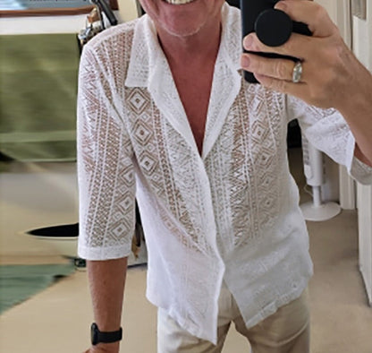 flowersverse Men Shirt Mesh See Through Lapel Sexy Short Sleeve Lace Button Camisas Streetwear Party Nightclub Men Clothing 7