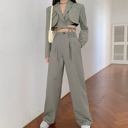 Korean Summer Two Piece Set Women Crop Top Sexy Lace-up Blazer Coat + High Waist Pants Suit Sets Autumn Streetwear 2 Piece Sets