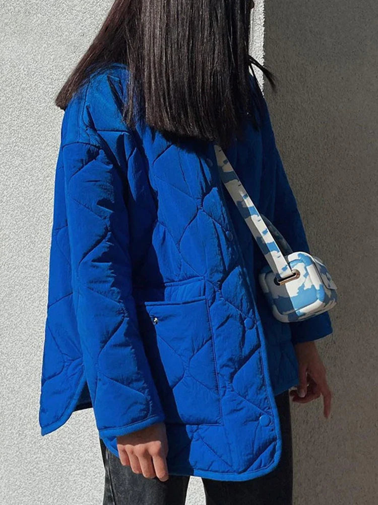 flowersverse Winter Blue Oversize Puffer Jackets for Women Casual Fashion Warm Cotton Button Down Quilted Coat and Jacket Loose