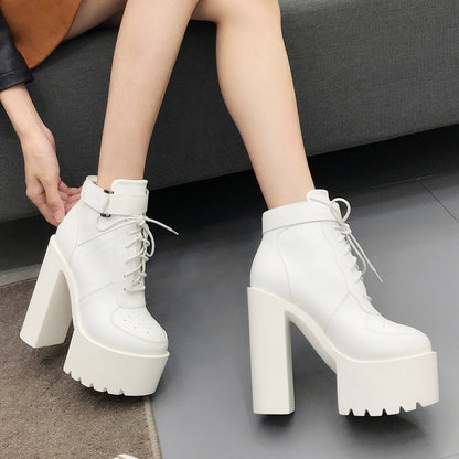 Thanksgiving  flowersverse  Hot Sale Russian Shoes Black Platform Boots Women Zipper Autumn High Heels Shoes Lace Up Ankle Boots White Rubber Sole