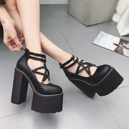 Thanksgiving  flowersverse  Fashion Women Pumps High Heels Zipper Rubber Sole Black Platform Shoes Spring Autumn Leather Shoes Female Gothic Pentagon