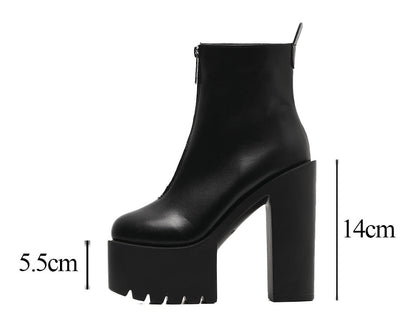 flowersverse   Fashion Autumn Women Ankle Boots Leather Black Female High Heels Shoes Ultra High Platform Heels Round Toe Lady Shoe