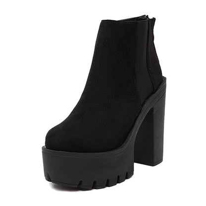 flowersverse  Fashion Black Ankle Boots For Women Thick Heels Spring Autumn Flock Platform Shoes High Heels Black Zipper Ladies Boots