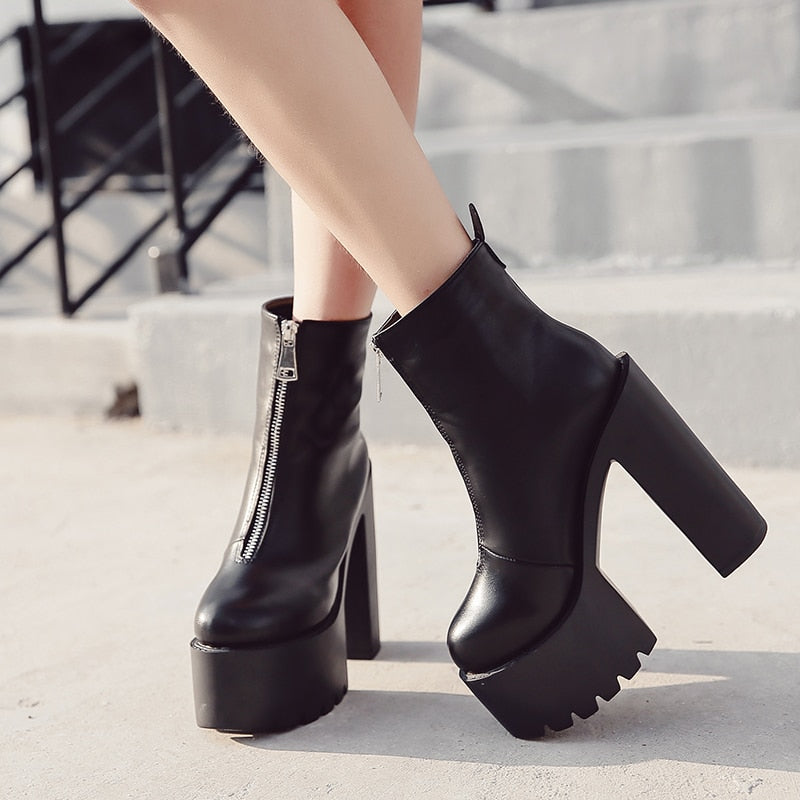 flowersverse   Fashion Autumn Women Ankle Boots Leather Black Female High Heels Shoes Ultra High Platform Heels Round Toe Lady Shoe