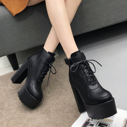 Thanksgiving  flowersverse  Hot Sale Russian Shoes Black Platform Boots Women Zipper Autumn High Heels Shoes Lace Up Ankle Boots White Rubber Sole