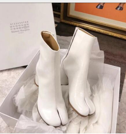 Amozae  Tabi Split-Toe Women Boots Cream-Colored Leather Buckle Chunky Block Heels Booties Botas Feminina Shoes Woman