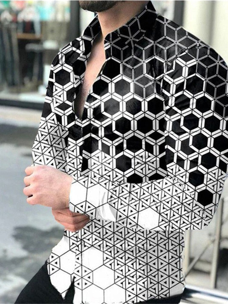 flowersverse Spring Autumn Men printed Shirts Turn-down Collar Buttoned Shirt Men's Casual Long Sleeve social shirt Tops Men's clothing