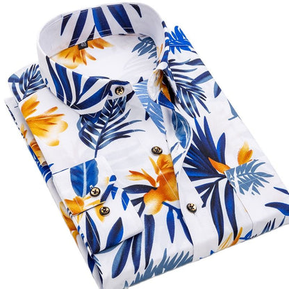 flowersverse Men's Long Sleeve Printed Casual Shirt Fashion Trun-down Collar Wedding Party Shirts Soft Hawaiian Holiday Summer Shirt