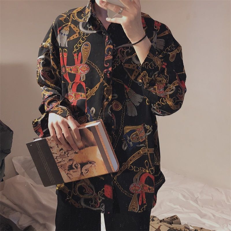 flowersverse New Beach Hawaiian Shirt for Men Long Sleeve Casual Loose Harajuku Floral Print Blouse Button Up Mens Shirts Streetwear