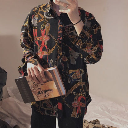 flowersverse New Beach Hawaiian Shirt for Men Long Sleeve Casual Loose Harajuku Floral Print Blouse Button Up Mens Shirts Streetwear