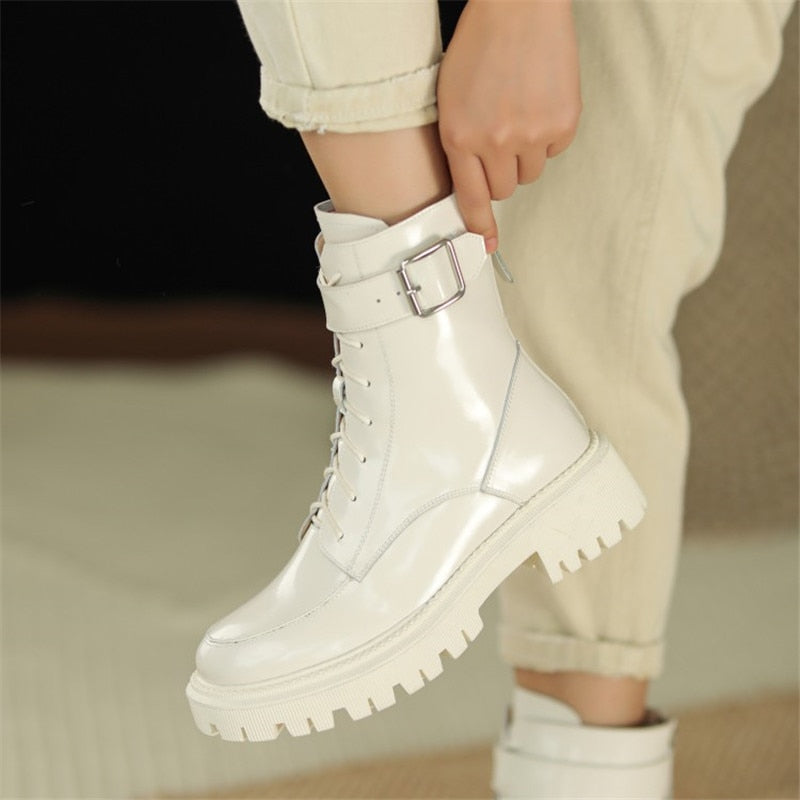 flowersverse Winter Genuine Leather Women Boots Fur Warm  Boots Snow Boots Zippe Lace-Up Platform Boots Black Motorcycle Boots Shoes