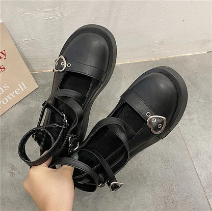 flowersverse - Lolita Shoes Gothic Chunky Star Buckle Mary Jane Shoes Cute Platform Cross-Tied Wedges Loli Thick Heel Casual Shoes Cosplay