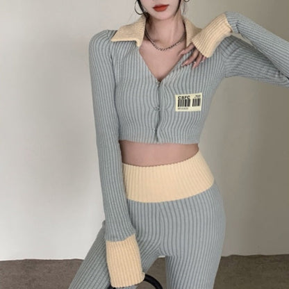 Korean Fashion Simple Casual Two Piece Tracksuit Women Crop Top + Pants Suits Autumn Winter 2 Piece Pants Sets Trousers Suits