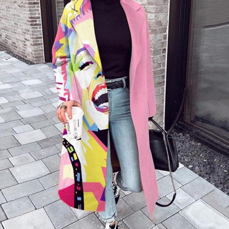 flowersverse Fall Winter Elegant Women Fashion Lapel Collar Button Long Tops Outwear Casual Pattern Colorful Print Patchwork Cardigan Coats