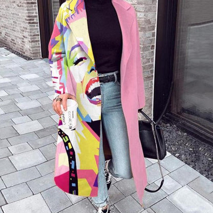 flowersverse Fall Winter Elegant Women Fashion Lapel Collar Button Long Tops Outwear Casual Pattern Colorful Print Patchwork Cardigan Coats