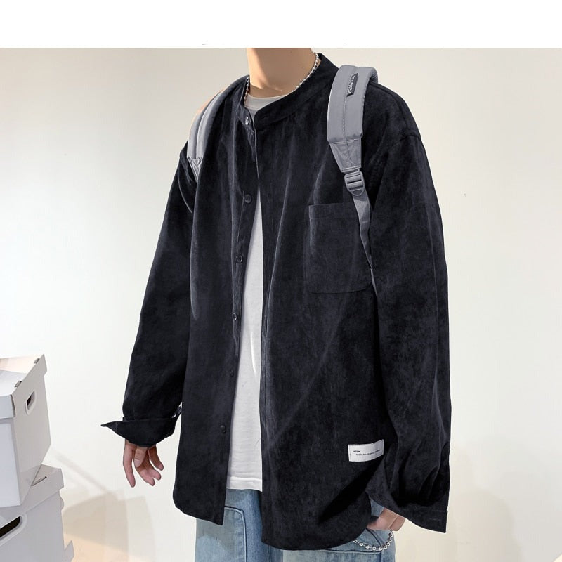 flowersverse Oversized Men Solid Corduroy Shirt Long Sleeve  Mens Pocket Streetwear Shirts Male Korean Fashions Black Shirt 5XL