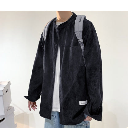 flowersverse Oversized Men Solid Corduroy Shirt Long Sleeve  Mens Pocket Streetwear Shirts Male Korean Fashions Black Shirt 5XL