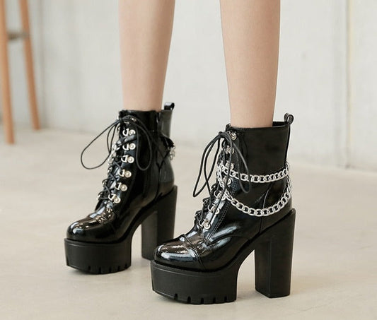 flowersverse  Black Gothic Women Shoes Autumn Ladies Ankle Boots High Heels   Chain Punk Style Patent Leather Boots For Party Zipper