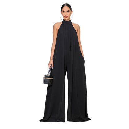 flowersverse Women  Sleeveless High Neck Fashion Sexy Solid Color Casual Chiffon Loose Temperament One-Piece Pants Jumpsuit