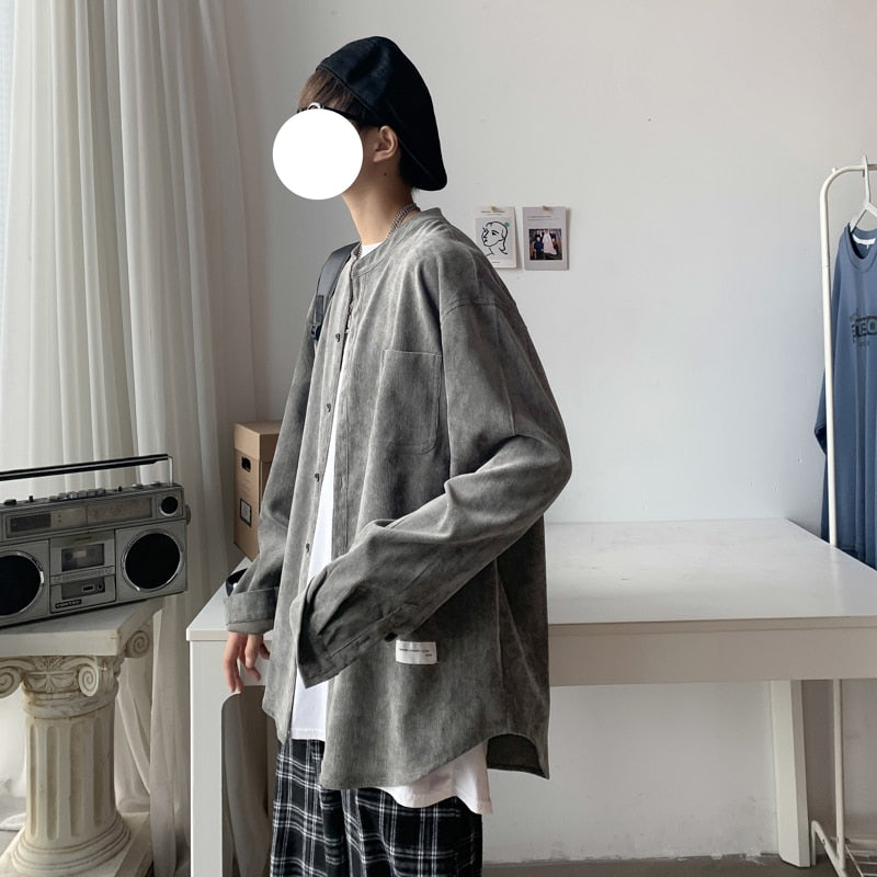 flowersverse Oversized Men Solid Corduroy Shirt Long Sleeve  Mens Pocket Streetwear Shirts Male Korean Fashions Black Shirt 5XL