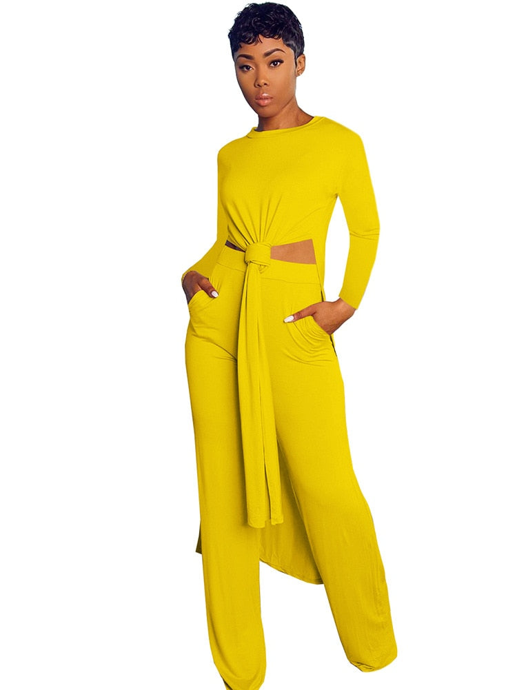 New Arrival Fashion Design two pieces  Sexy Women Set Solid O-neck Long Top  And  Long Pants  Summer  Outfits