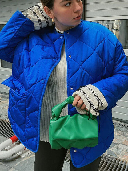 flowersverse Winter Blue Oversize Puffer Jackets for Women Casual Fashion Warm Cotton Button Down Quilted Coat and Jacket Loose