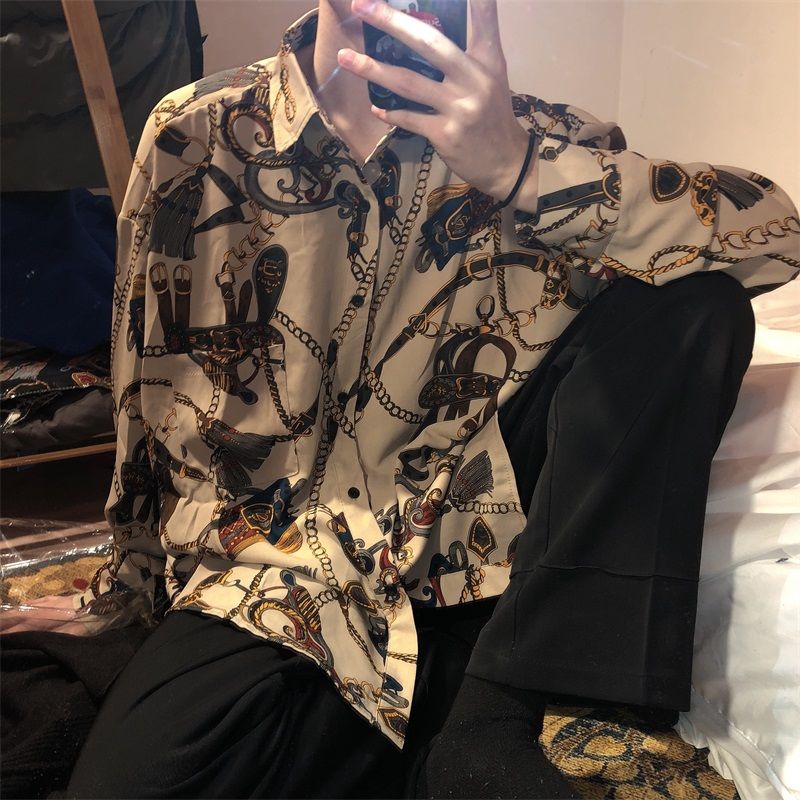 flowersverse New Beach Hawaiian Shirt for Men Long Sleeve Casual Loose Harajuku Floral Print Blouse Button Up Mens Shirts Streetwear