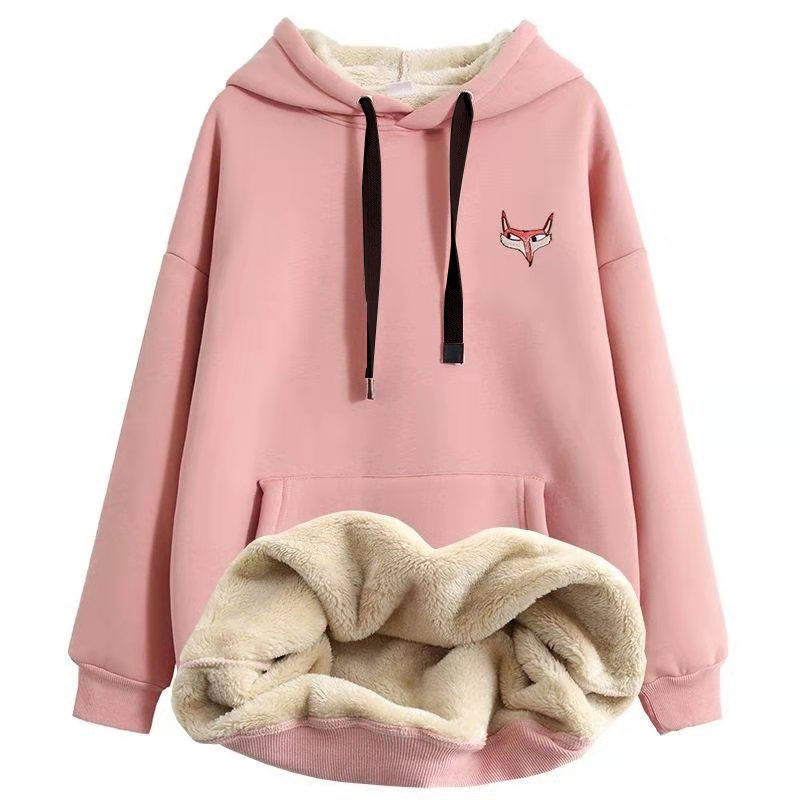 flowersverse flowersverse Jacket women solid color hoodies autumn winter imitation lamb wool korean loose plus velvet thick zipper sweatshirt tops